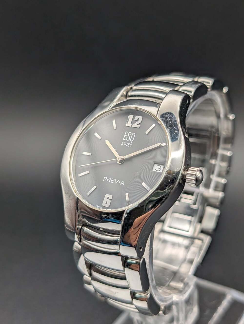 Vintage ESQ Swiss Previa Silver-Tone Ladies Watch, Charcoal Sunburst Dial Bracel